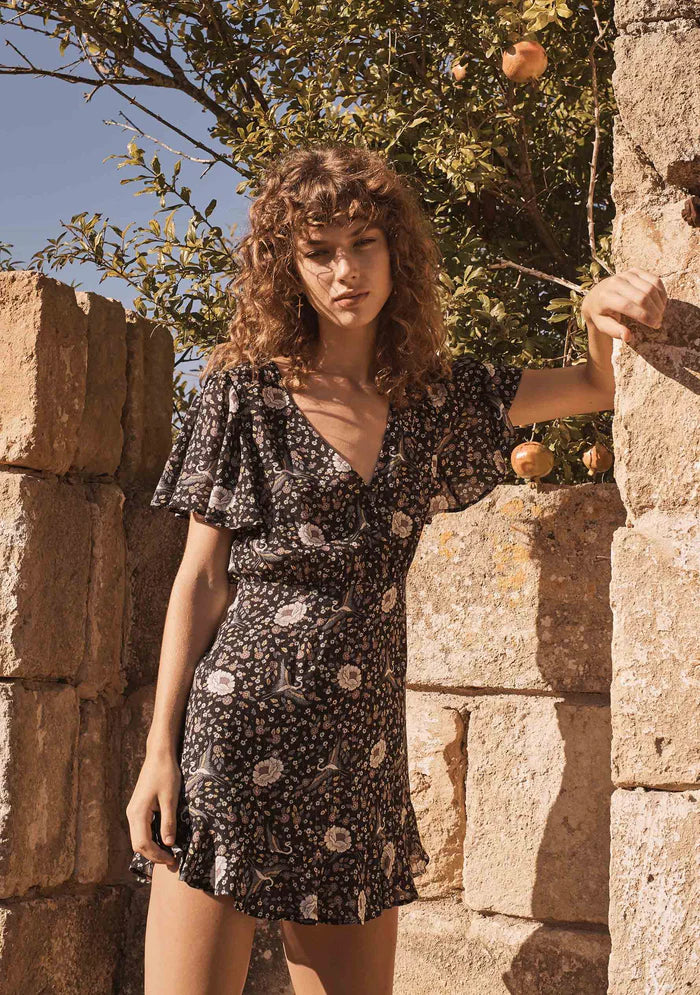 Valentina Fiesta Mini Dress - Black Floral